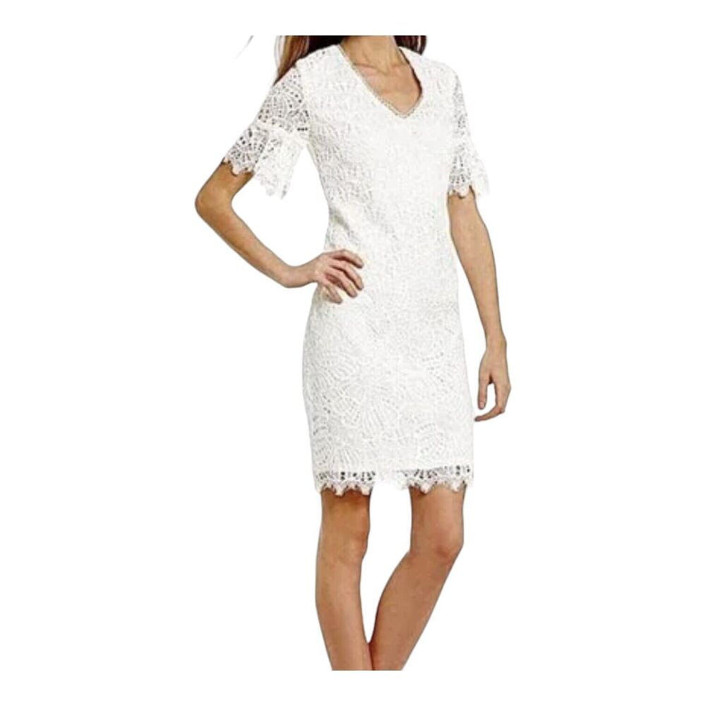 Trina‎ Turk Darling White Lace Bell Sleeve V-Neck Knee Length Shift Dress Sz 4